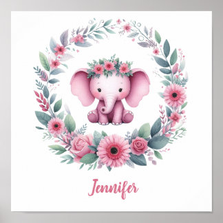 Rosa elefant med blomsterkrans poster