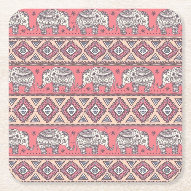 Rosa Elefant Mönster Underlägg Papper Kvadrat (Framsidan)