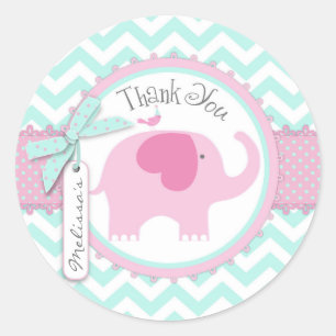 Rosa elefant- och sparretryckbaby shower runt klistermärke