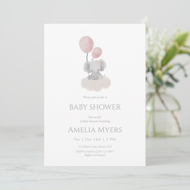 Rosa elefant på moln Baby Shower-inbjudan Inbjudningar (Stående Fram)