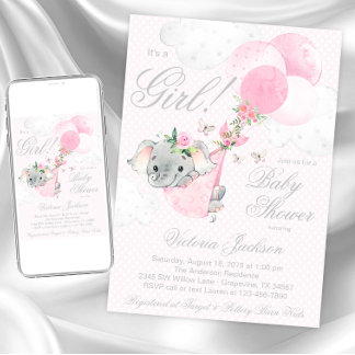 Rosa Elefantballonger Fjäril Baby Shower Inbjudningar