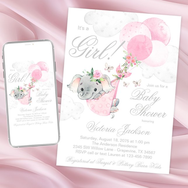 Rosa Elefantballonger Fjäril Baby Shower Inbjudningar (Sweet girl elephant baby shower invitations. Instant download and printed invitations available.)