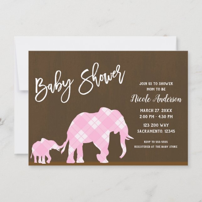Rosa elefanter Brun trendig modern baby shower Inbjudningar (Framsida)