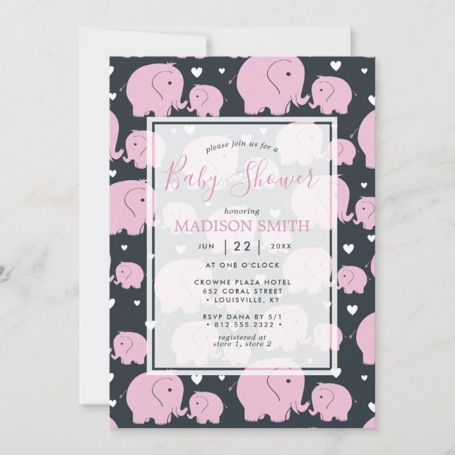 Rosa elefanter söt babyflicka shower inbjudningar (Framsida)