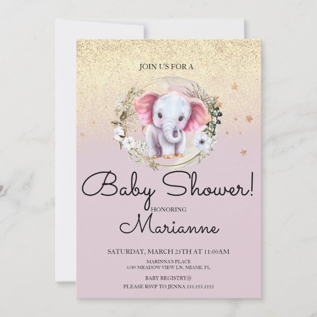 Rosa Elefantflicka Baby Shower Falskt Guld Glitter Inbjudningar (Framsida)