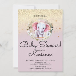 Rosa Elefantflicka Baby Shower Falskt Guld Glitter Inbjudningar