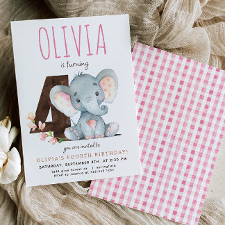 Rosa Elefantinbjudan fjärde födelsedag Inbjudningar