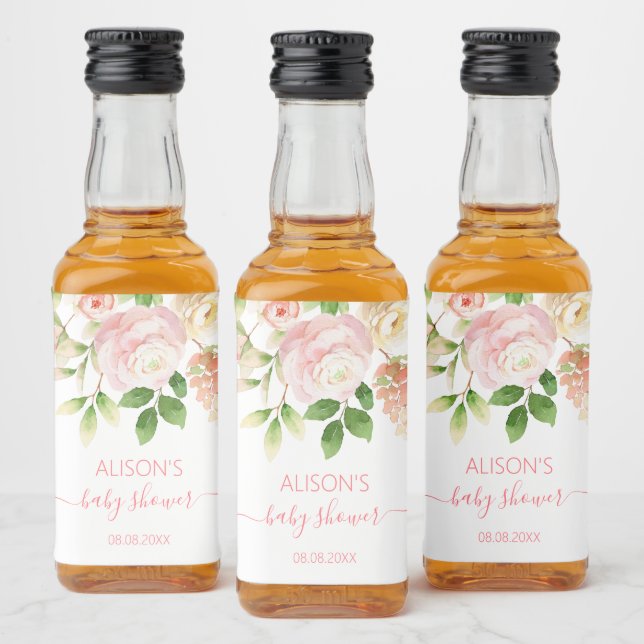 Rosa Elegant Blommig Flick Baby Shower Mini  Spritflaskor Etikett (Flaskor)