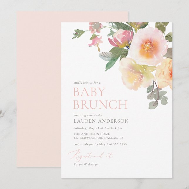 Rosa Elegant Blommigt Baby Shower Brunch Inbjudningar (Fram/baksida)