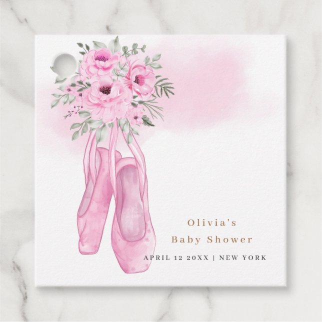Rosa Elegant Blommigt Ballerina Shoes Baby Shower Gåvor Etiketter (Framsida)