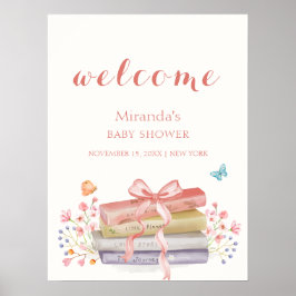 Rosa Elegant Blommigt Bow Bok Baby Shower Välkomme Poster