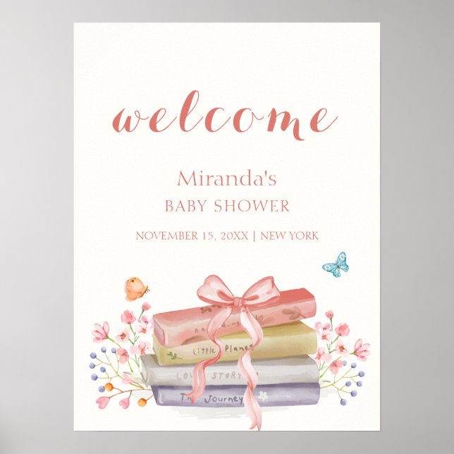 Rosa Elegant Blommigt Bow Bok Baby Shower Välkomme Poster (Framsidan)
