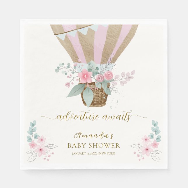 Rosa Elegant Blommigt Luftballong för babykläder f Pappersservett (Framsidan)