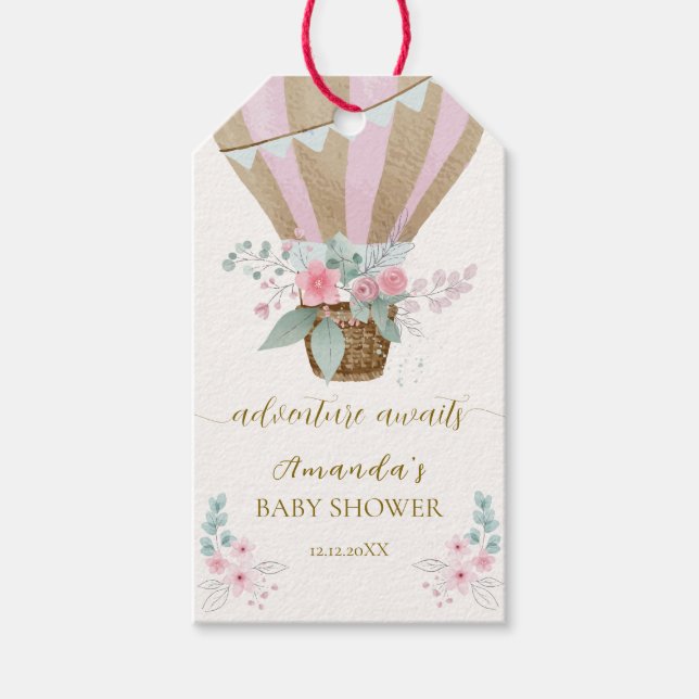 Rosa Elegant Blommigt Luftballong för babykläder f Presentetikett (Framsidan)