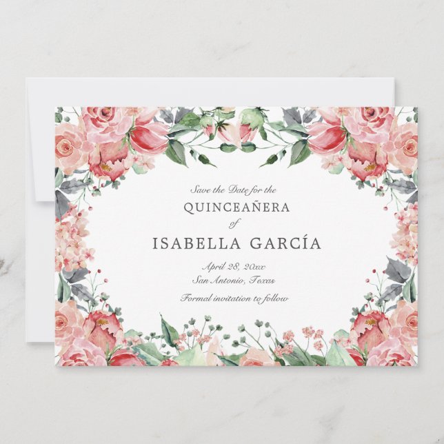 Rosa Elegant Blommigt Script Quinceañera Spara Datumet (Framsida)