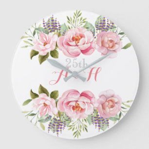 Rosa Elegant Blommigt Utandning Monogram Bröllop 2 Stor Klocka
