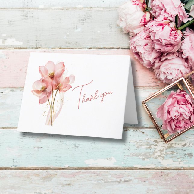 Rosa elegant blomster vattenfärg bröllopsdusch tack kort (Pink Floral watercolor Bridal Shower or Wedding Thank you card)