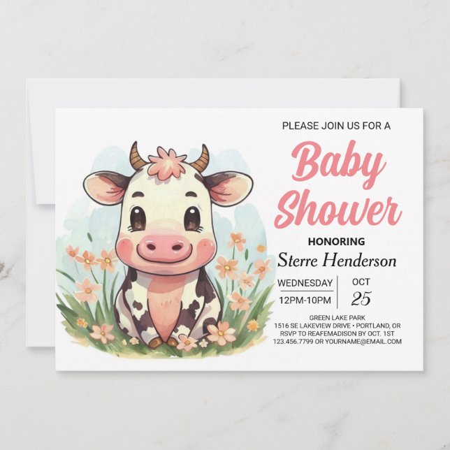 Rosa Elegant Boho Cow Baby Shower Inbjudningar (Framsida)