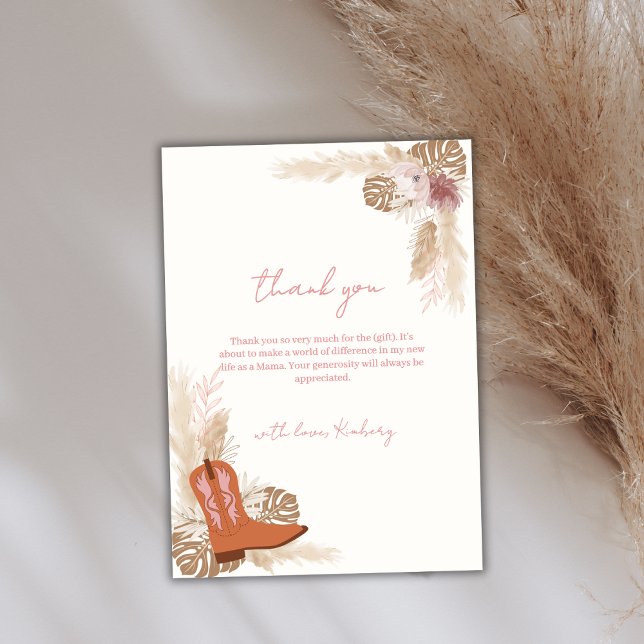 Rosa Elegant Boho Cowgirl Boots Pampas Baby Shower Tack Kort (Pink Elegant Boho Cowgirl Boots Pampas Baby Shower Thank You Card)