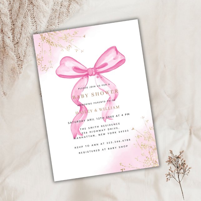 Rosa Elegant Bow Baby Shower Inbjudningar (Pink Elegant Bow Baby Shower Invitation)
