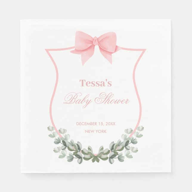 Rosa Elegant Bow Eucalyptus Vapensköld Baby Shower Pappersservett (Framsidan)