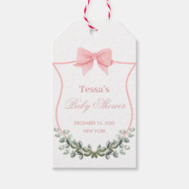 Rosa Elegant Bow Eucalyptus Vapensköld Baby Shower Presentetikett