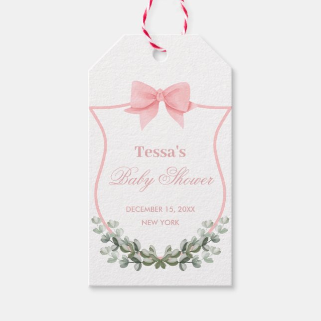 Rosa Elegant Bow Eucalyptus Vapensköld Baby Shower Presentetikett (Framsidan)