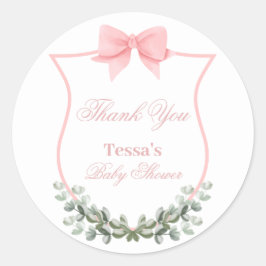 Rosa Elegant Bow Eucalyptus Vapensköld Baby Shower Runt Klistermärke