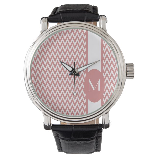 Rosa elegant Chevron-design med monogram Armbandsur (Framsida)