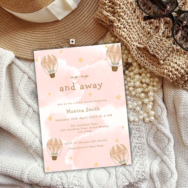 Rosa Elegant Cloud Luftballong Baby Shower Inbjudningar (Pink Elegant Cloud Hot Air Balloon Baby Shower Invitation)