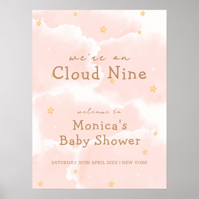 Rosa Elegant Cloud Nine Girl Baby Shower Välkommen Poster (Framsidan)