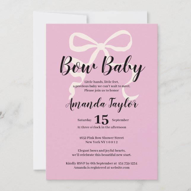Rosa elegant coquette bow Baby Shower Inbjudningar (Framsida)