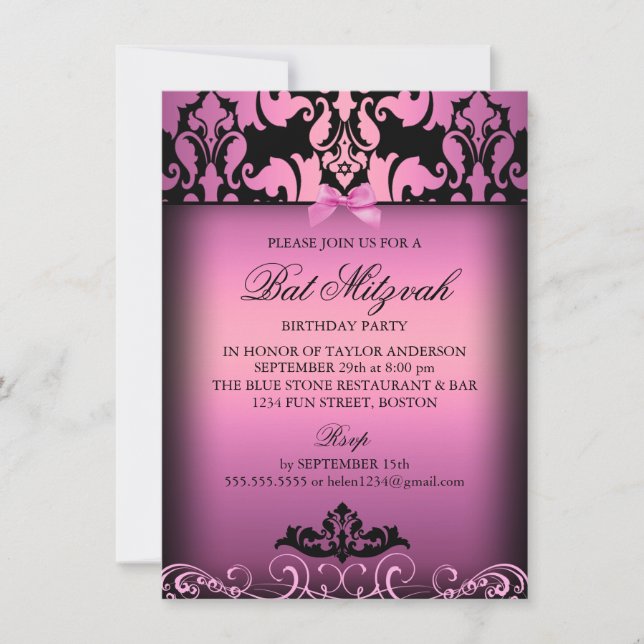 Rosa Elegant Damask Bat Mitzvah-fest Inbjudan (Framsida)