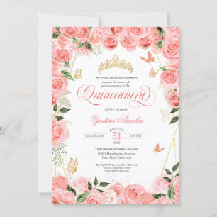 Rosa Elegant för fjäril Quinceanera vid Guld Ro Inbjudningar