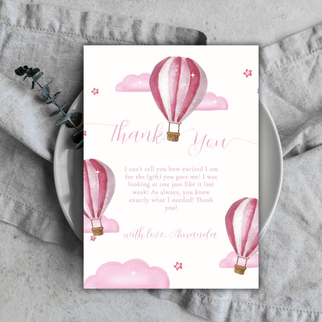 Rosa Elegant Luftballong Girl Baby Shower Tack Kort (Pink Elegant Hot Air Balloon Girl Baby Shower Thank You Card)