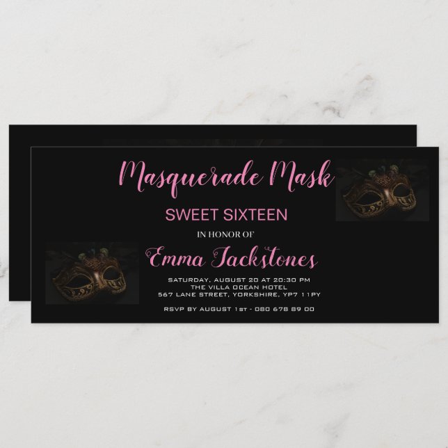 Rosa Elegant Masqueramasktema Sweet sixteen Inbjudningar (Fram/baksida)