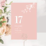Rosa Elegant, minimalt Botaniskt Bröllop Bordsnummer<br><div class="desc">Följ gästerna till deras bord med det här elegant kortet för rosa och vitt bröllop-bordsnummer. Snyggt och enkel design med namn på sidan tillsammans med "och" i modern handskriven kalligrafi. Fintvätt av handritade botaniska gröna hörndetaljer. Var vänlig och beställ varje bordsnummer (dvs. för ett evenemang med tre bord skulle du...</div>