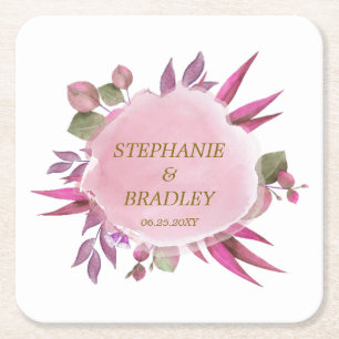 Rosa Elegant Modern Watercolor Blommigt Bröllop Underlägg Papper Kvadrat