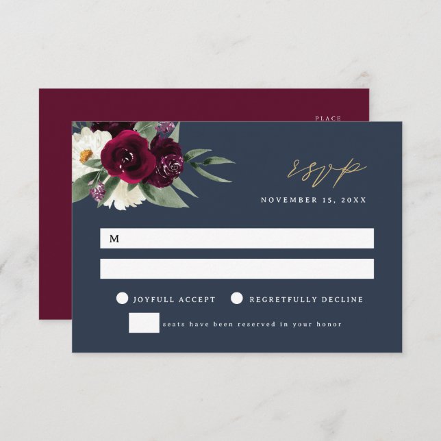 ROSA Elegant Navy & Burgundy Bröllop OSA Card Inbjudningar (Fram/baksida)