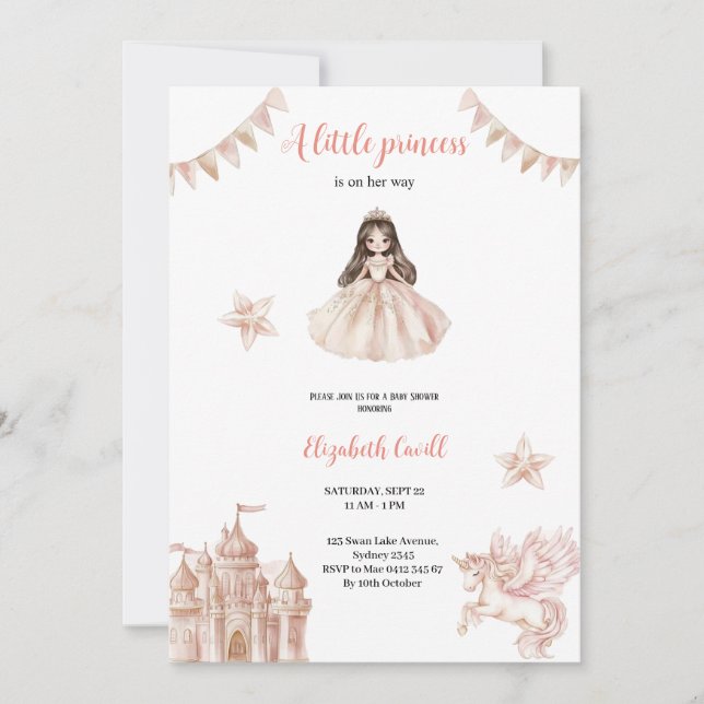 rosa elegant och söt prinsessa babydusch inbjudningar (Framsida)