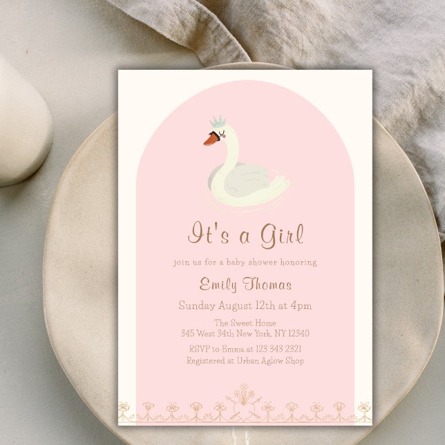 Rosa Elegant Princess Svan Arch Baby Shower Inbjudningar (Pink Elegant Princess Swan Arch Baby Shower Invitation)