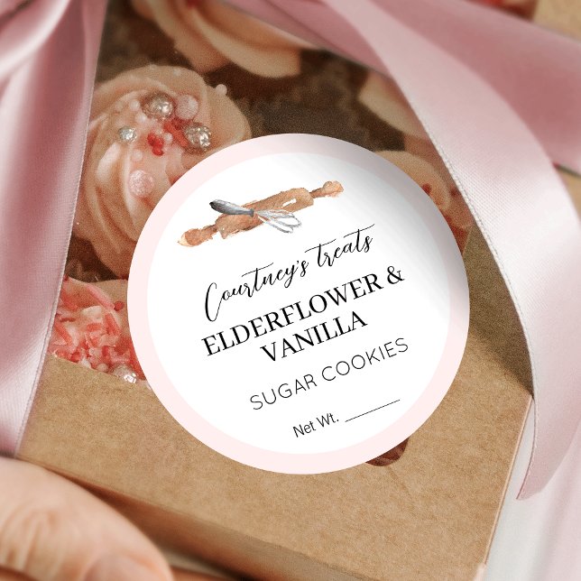  Rosa Elegant Socker Cookies Dessert Packning Runt Klistermärke (Blush pink and white bakery stickers, great for cookies, cupcakes and more! Add your custom flavors)
