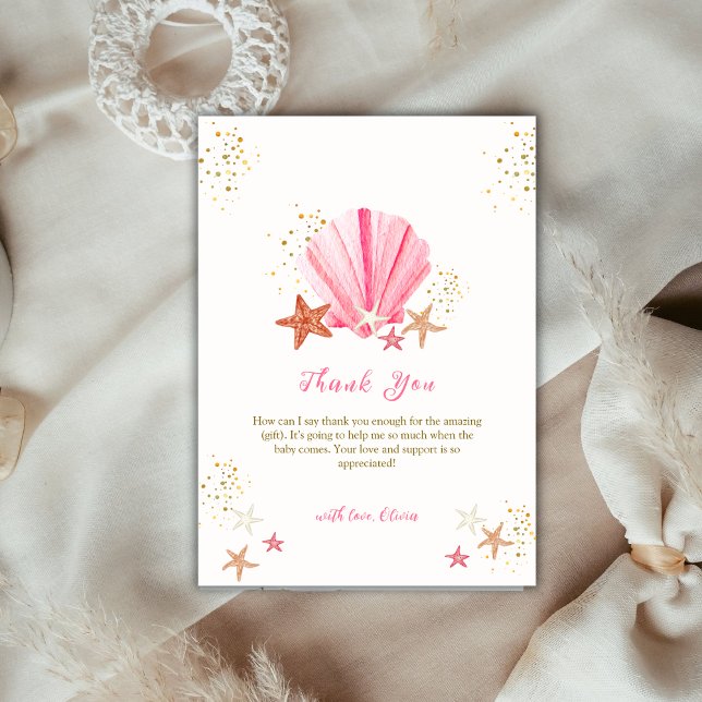 Rosa Elegant Sommarstjärt Sårskåda Babyskor Tack Kort (Pink Elegant Summer Starfish Seashell Baby Shower Thank You Card)