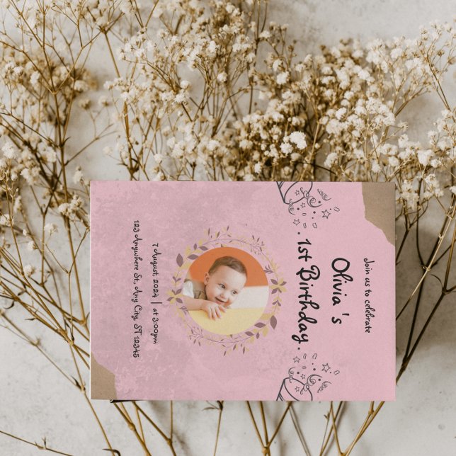 Rosa Elegant Söt 1-års Födelsedagsfest Inbjudningar (Pink Elegant Cute 1st Birthday Party Invitation
)