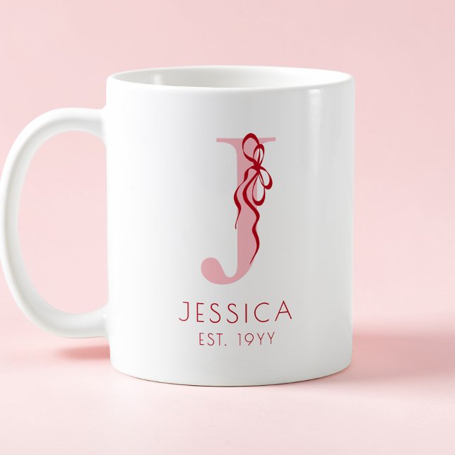 Rosa Elegant Typografi Chic Bow Feminint Initialbo Kaffemugg (Pink Elegant Typography Chic Bow Feminine Monogram Coffee Mug)