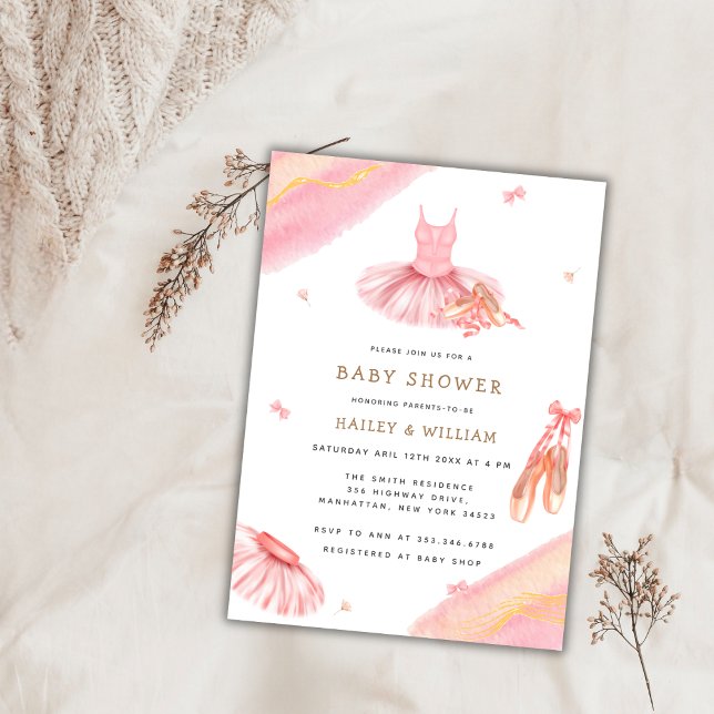 Rosa Elegant Vattenfärg Ballerina Baby Shower Inbjudningar (Pink Elegant Watercolor Ballerina Baby Shower Invitation)