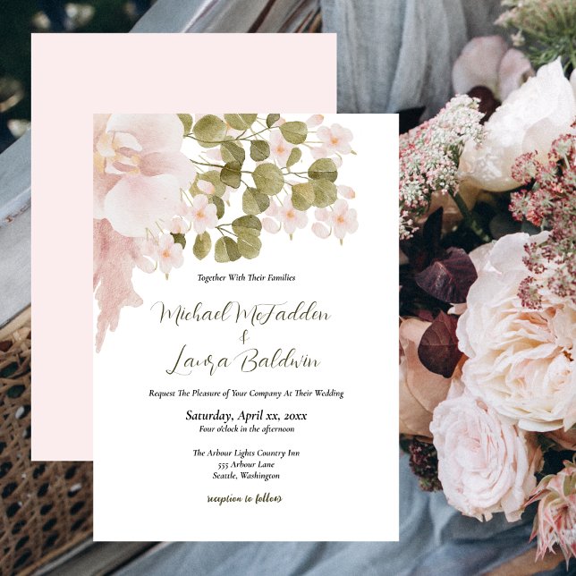  Rosa Elegant Vattenfärgen Blommigt Bröllop Inbjudningar (Blush Pink and Green, Elegant Boho Style Wedding Invitation)