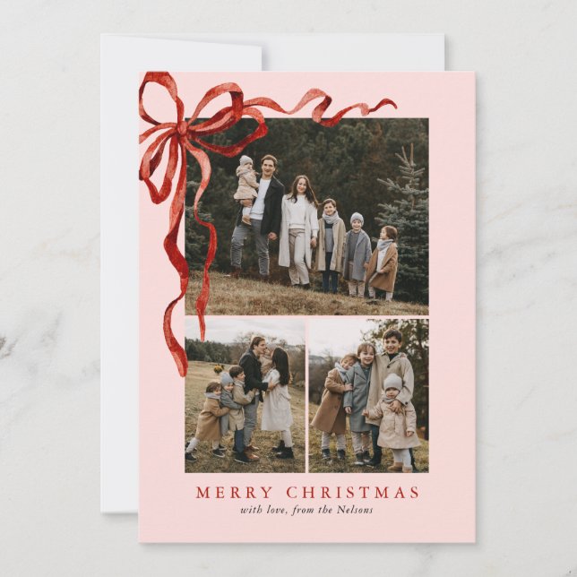 Rosa Elegant Vattenfärgsfärg Red Bow jul 4 Foto Julkort (Framsida)