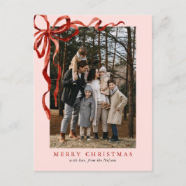 Rosa Elegant Vattenfärgsfärgat Red Bow-julfoto Helg Vykort