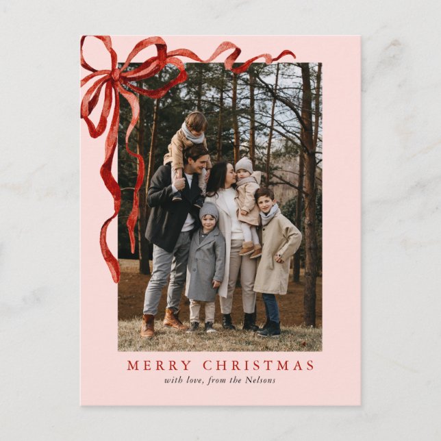 Rosa Elegant Vattenfärgsfärgat Red Bow-julfoto Helg Vykort (Framsida)